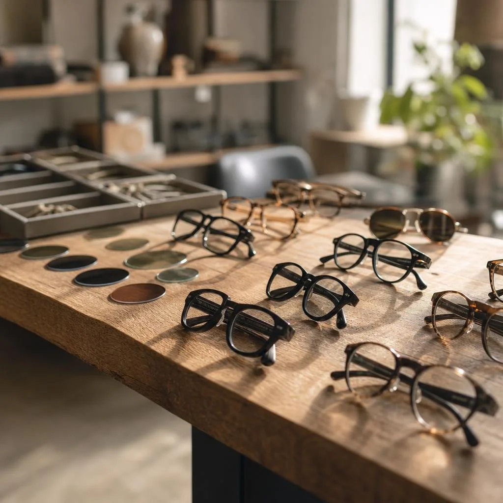 A calm eyewear studio with frames and fitting tools in natural light